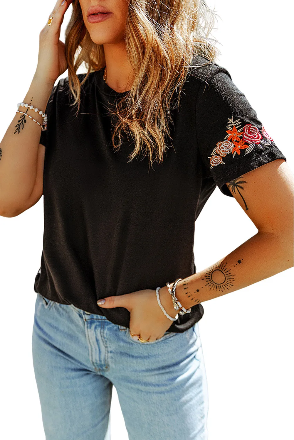 Black Casual Floral Embroidered Round Neck T Shirt