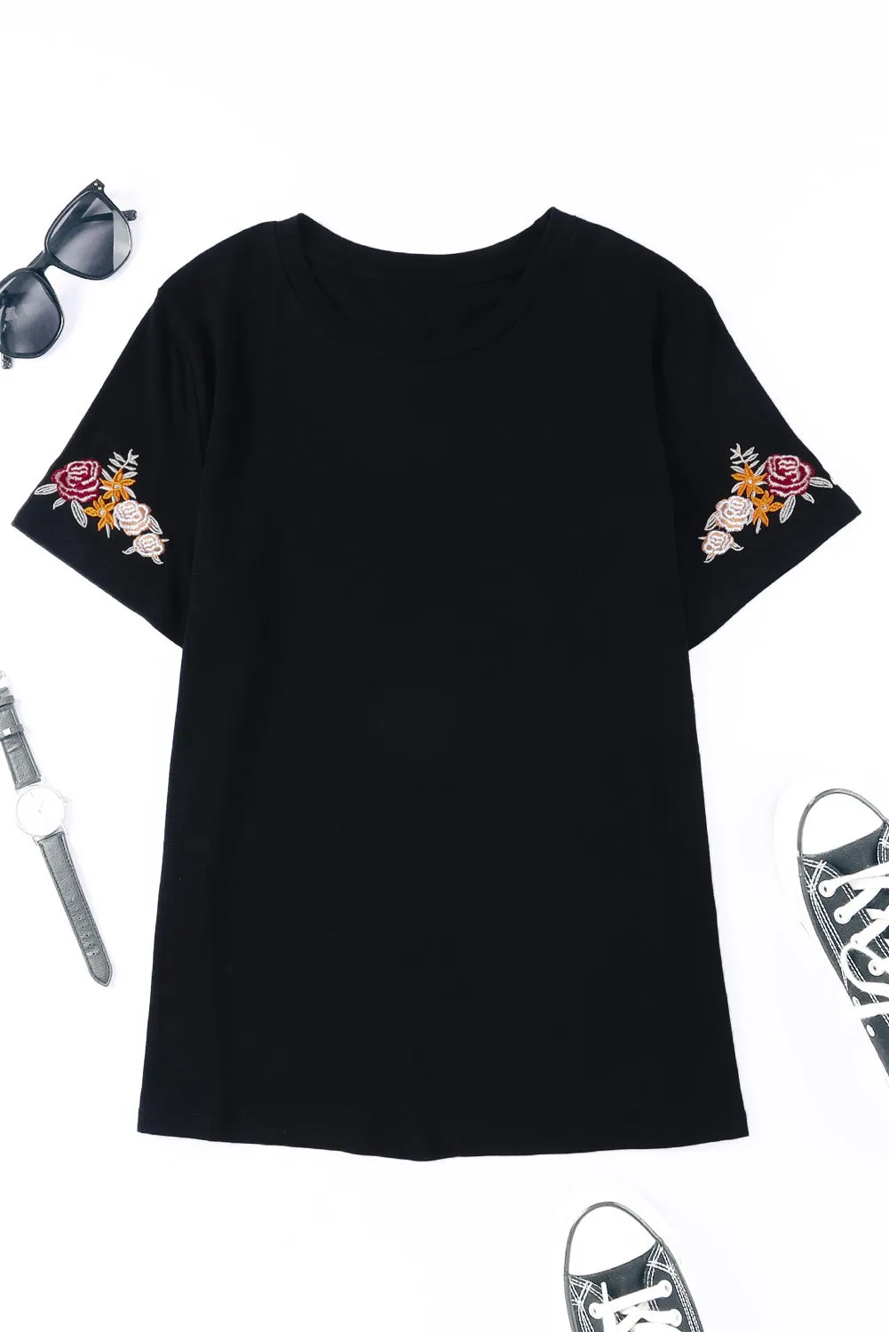 Black Casual Floral Embroidered Round Neck T Shirt