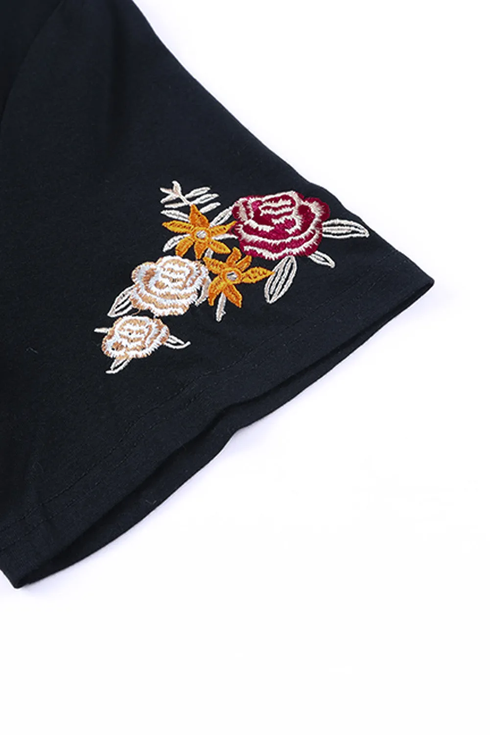 Black Casual Floral Embroidered Round Neck T Shirt