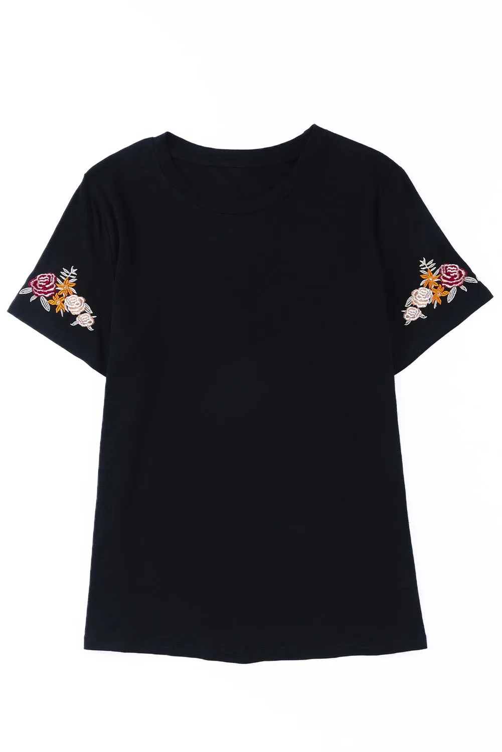 Black Casual Floral Embroidered Round Neck T Shirt