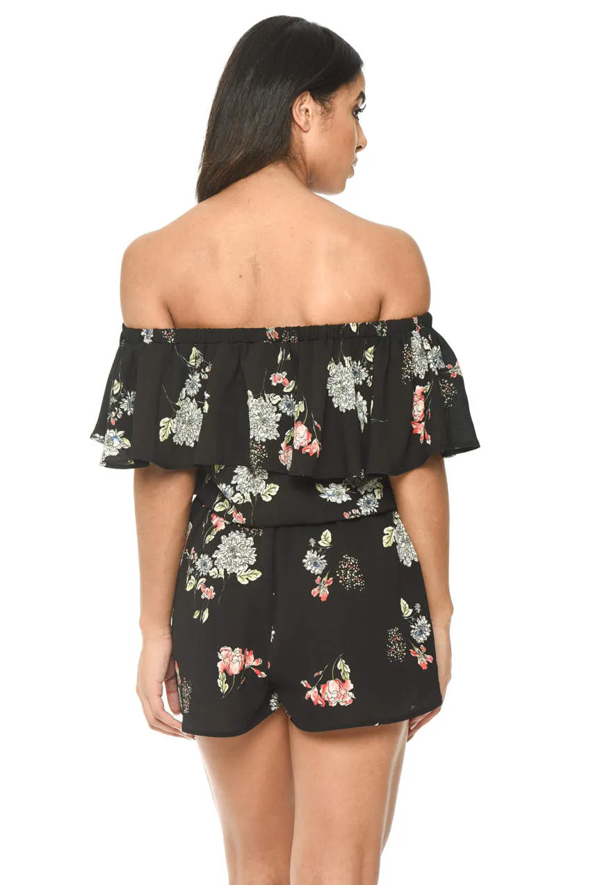 Black Floral Print Bardot Playsuit