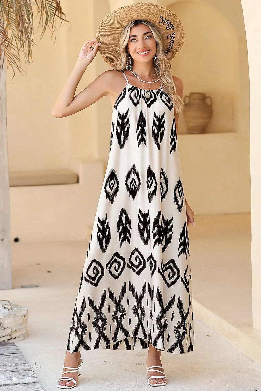 Black Geometric Printed Spaghetti Strap Vacation Sundress