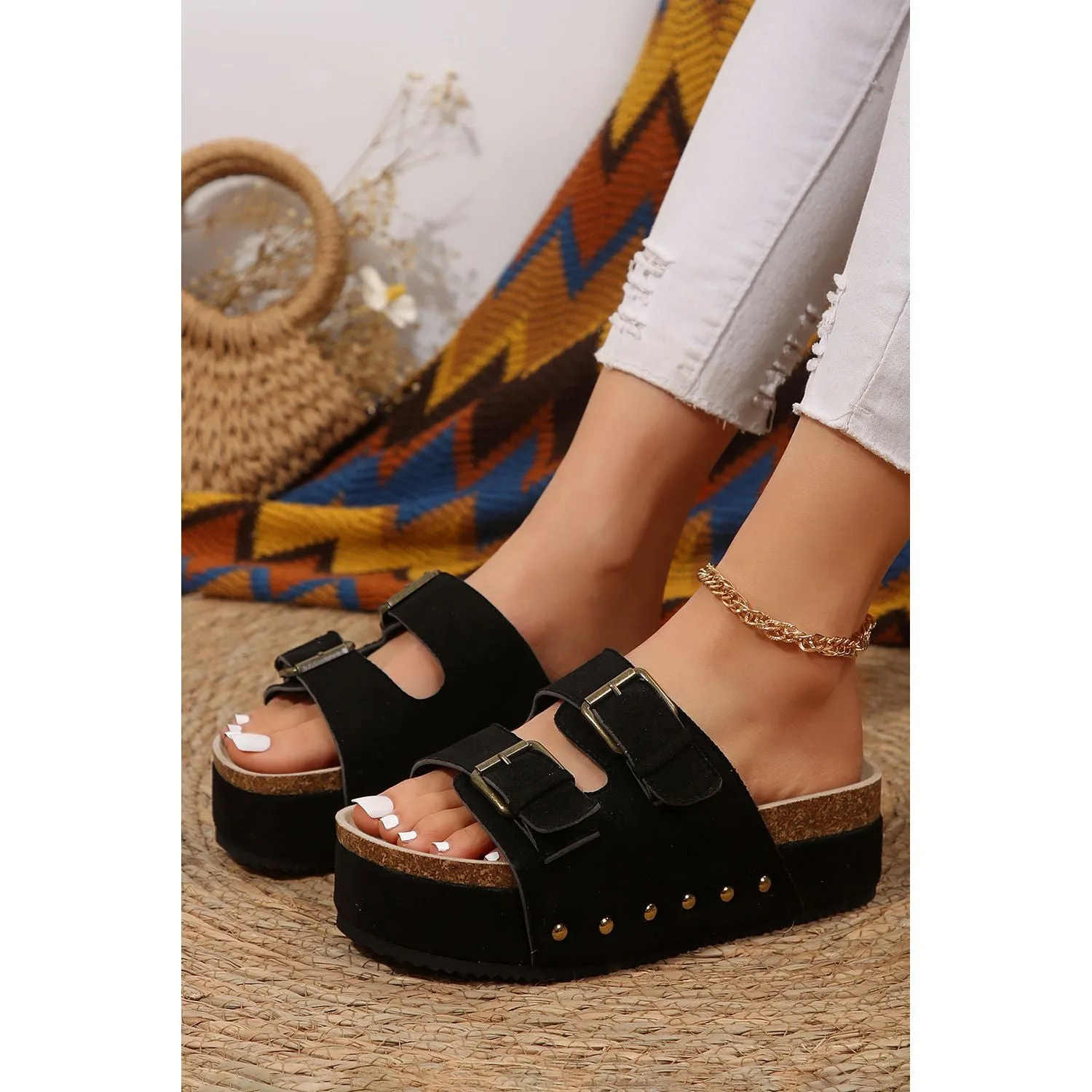 Black Suede Buckle Decor Footbed Sandal Slippers