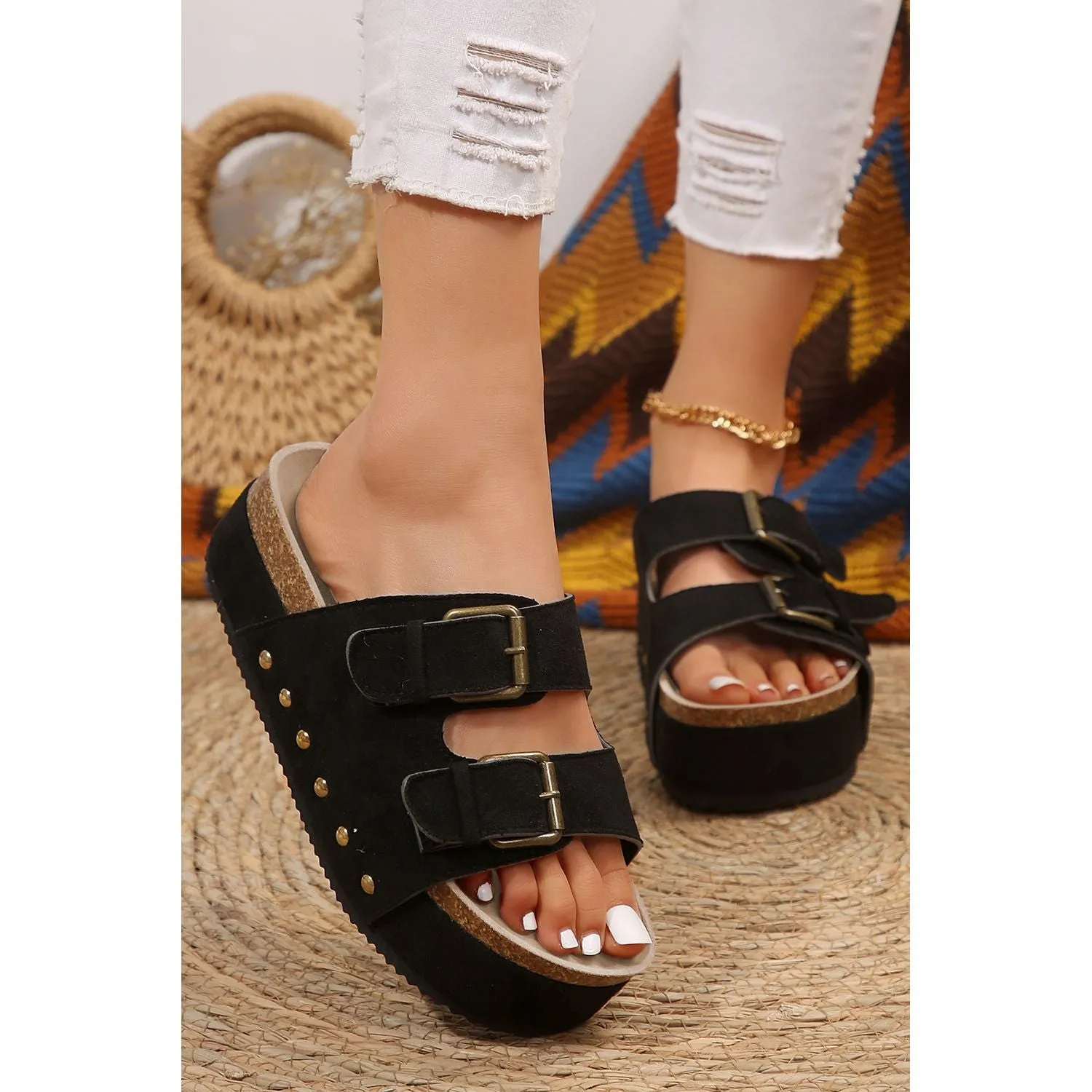 Black Suede Buckle Decor Footbed Sandal Slippers