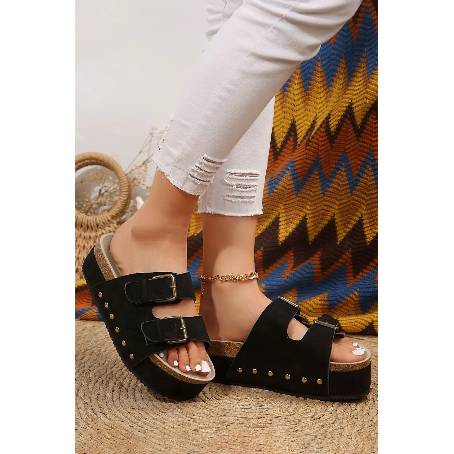 Black Suede Buckle Decor Footbed Sandal Slippers