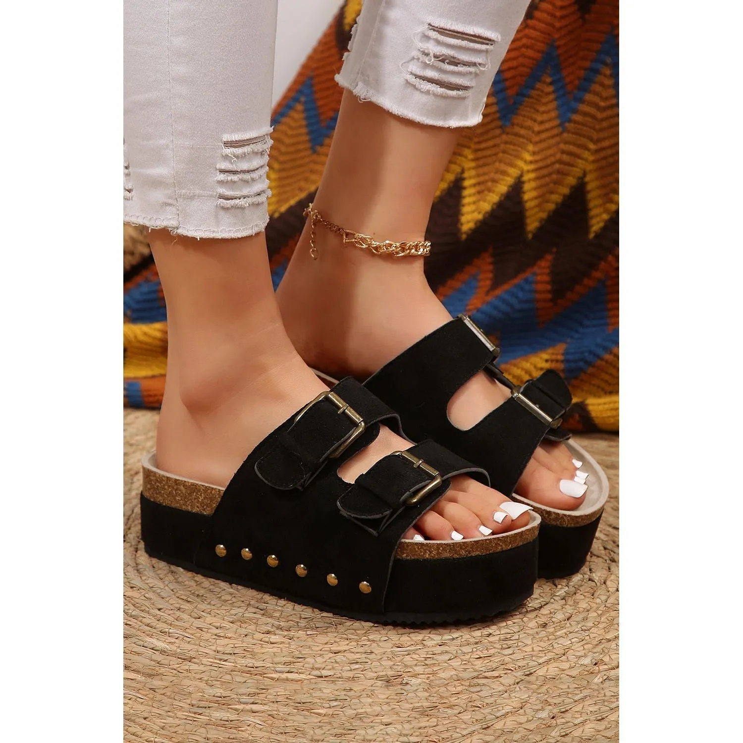 Black Suede Buckle Decor Footbed Sandal Slippers