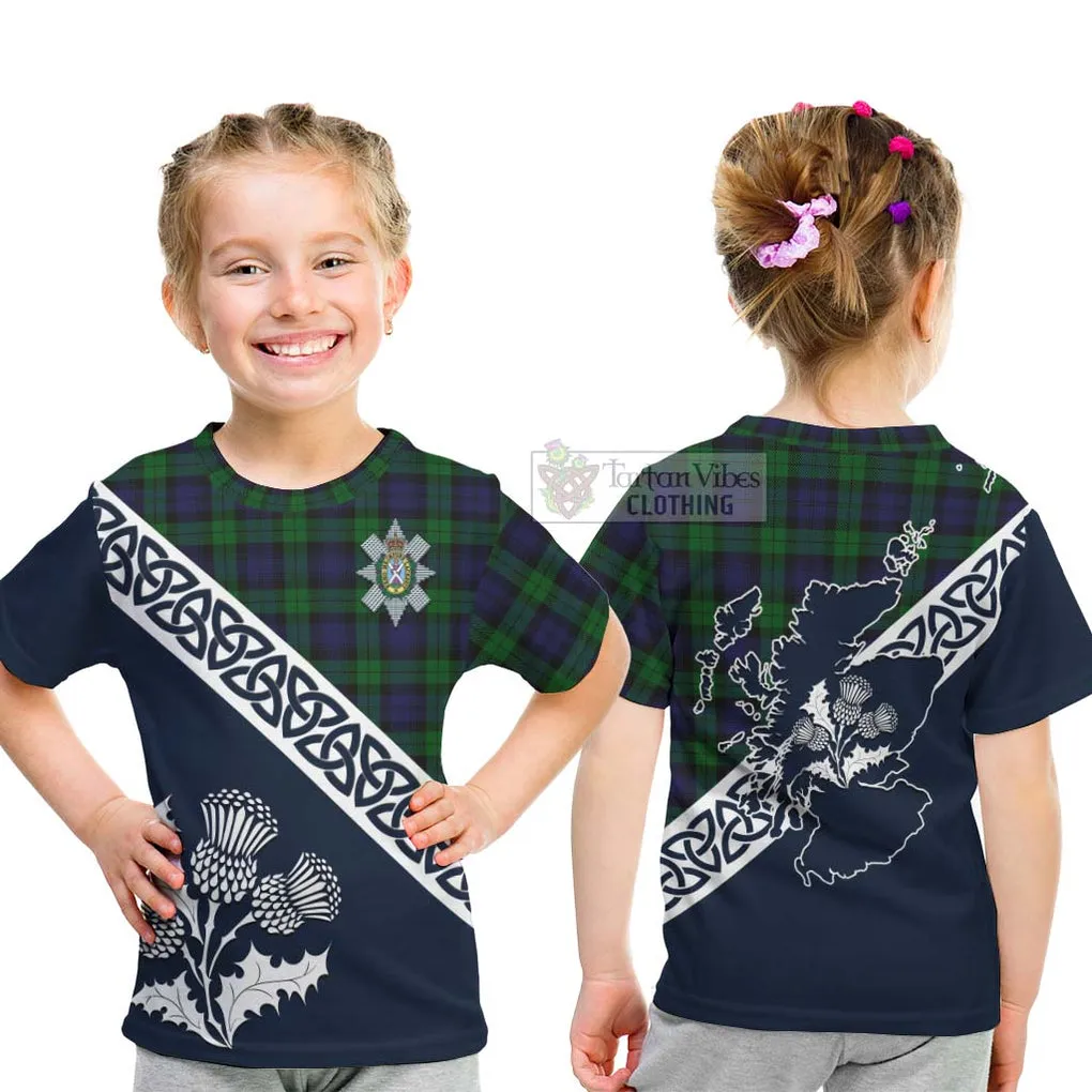 Black Watch Tartan Kid T-Shirt Featuring Thistle and Scotland Map