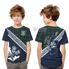 Black Watch Tartan Kid T-Shirt Featuring Thistle and Scotland Map