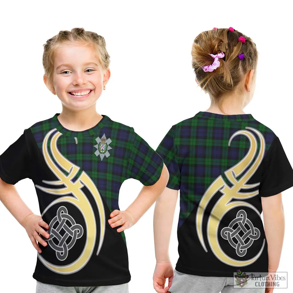 Black Watch Tartan Kid T-Shirt with Family Crest and Celtic Symbol Style