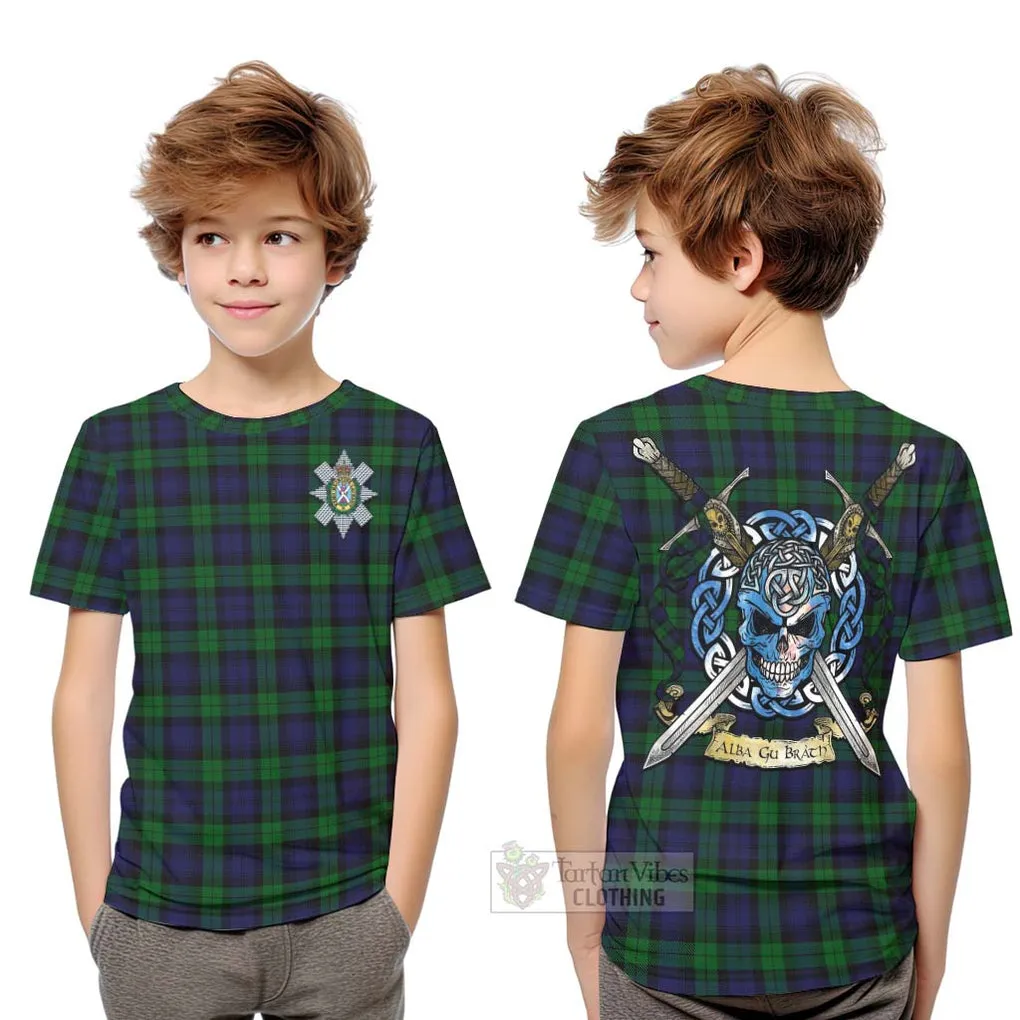 Black Watch Tartan Kid T-Shirt with Family Crest Celtic Skull Style