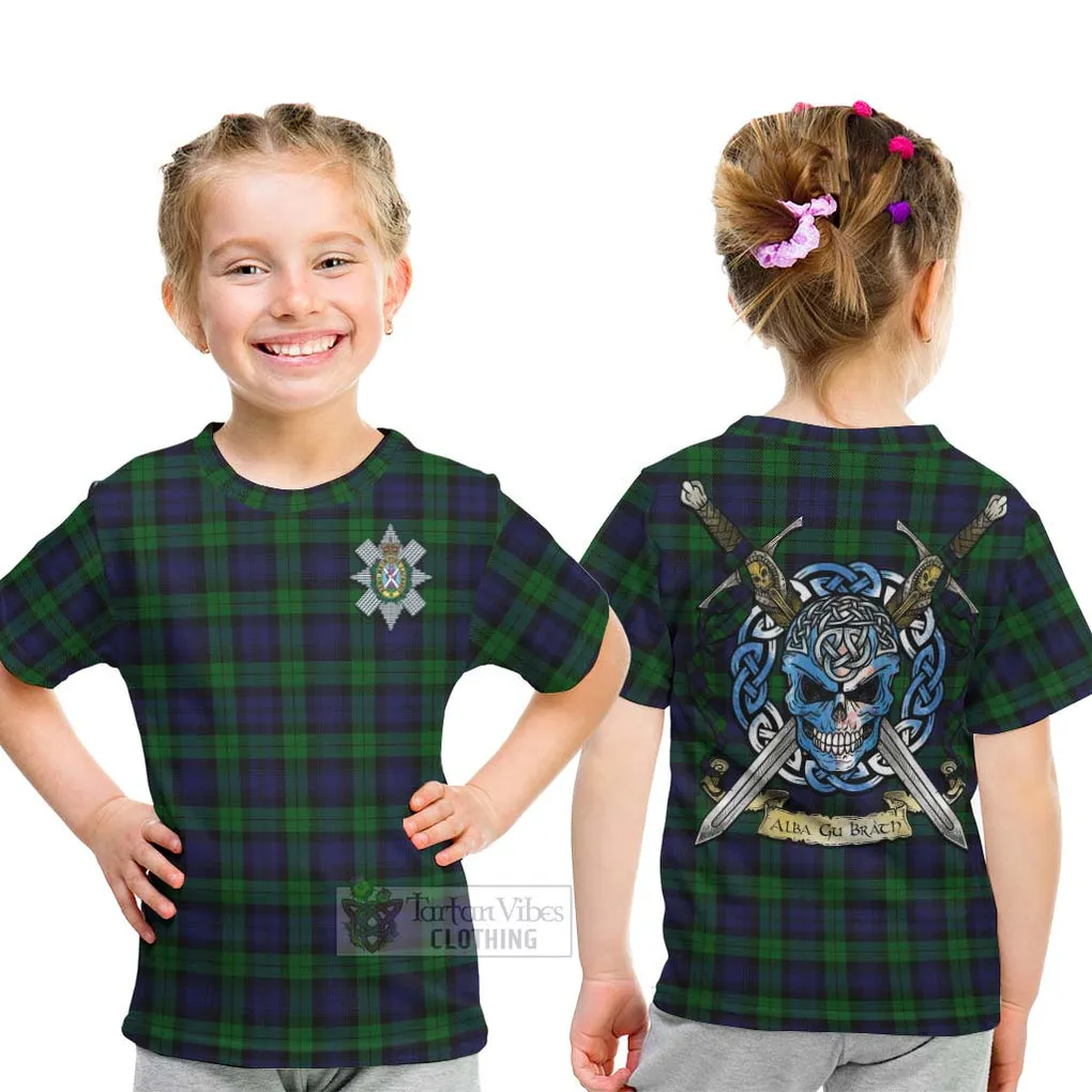 Black Watch Tartan Kid T-Shirt with Family Crest Celtic Skull Style