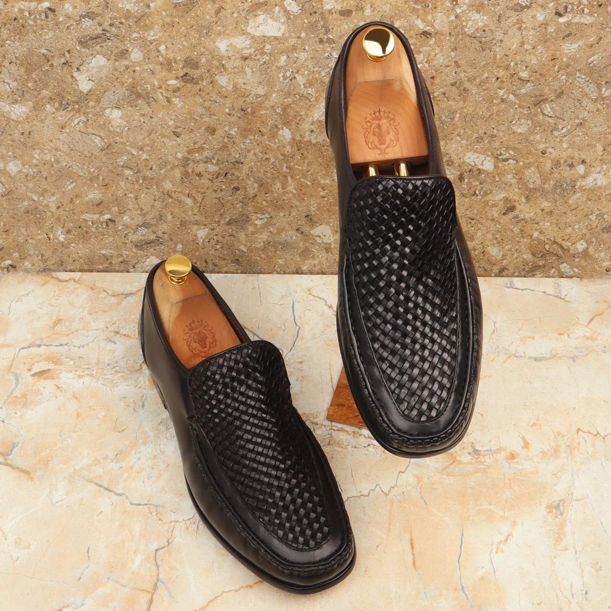 Black Weaved Vamp Leather Loafers For Men