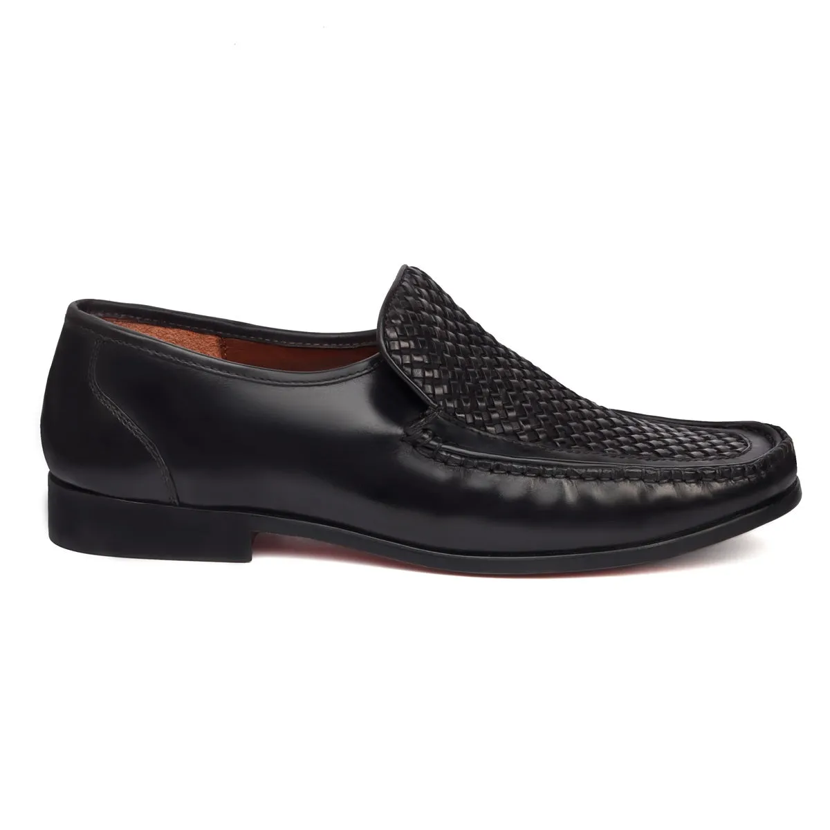 Black Weaved Vamp Leather Loafers For Men