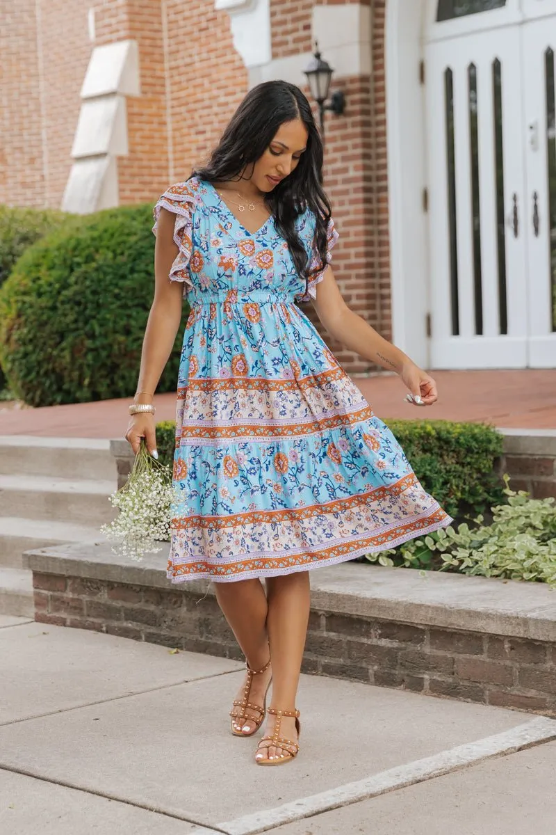 Blue Multi Border Print Pleated Midi Dress - FINAL SALE