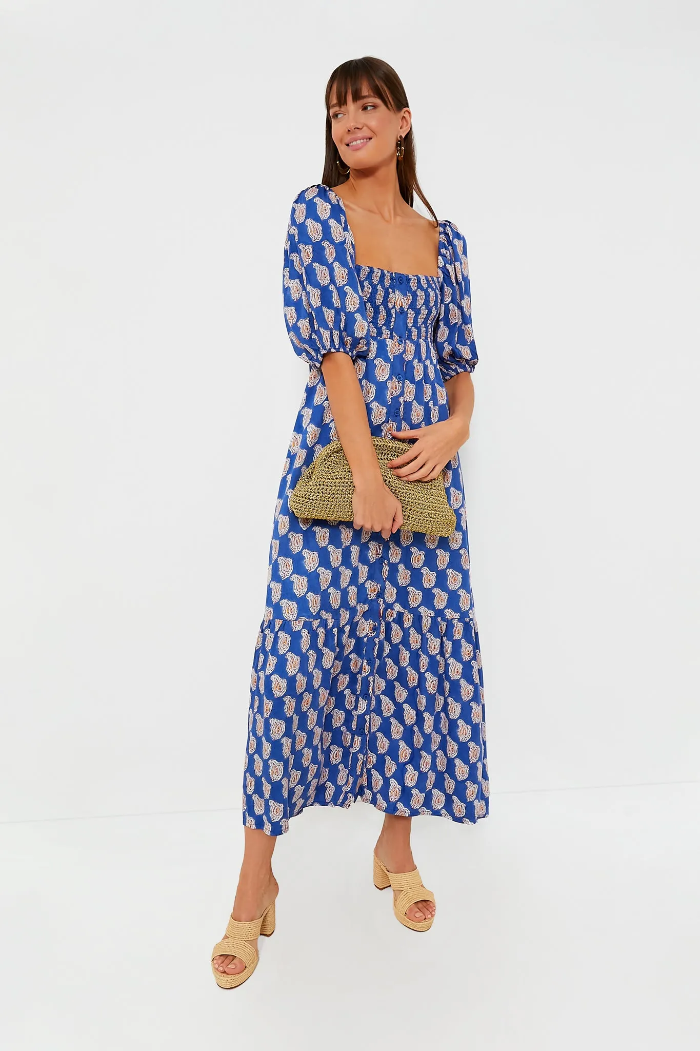 Blue Paisley Flower Satin Santiago Maxi Dress