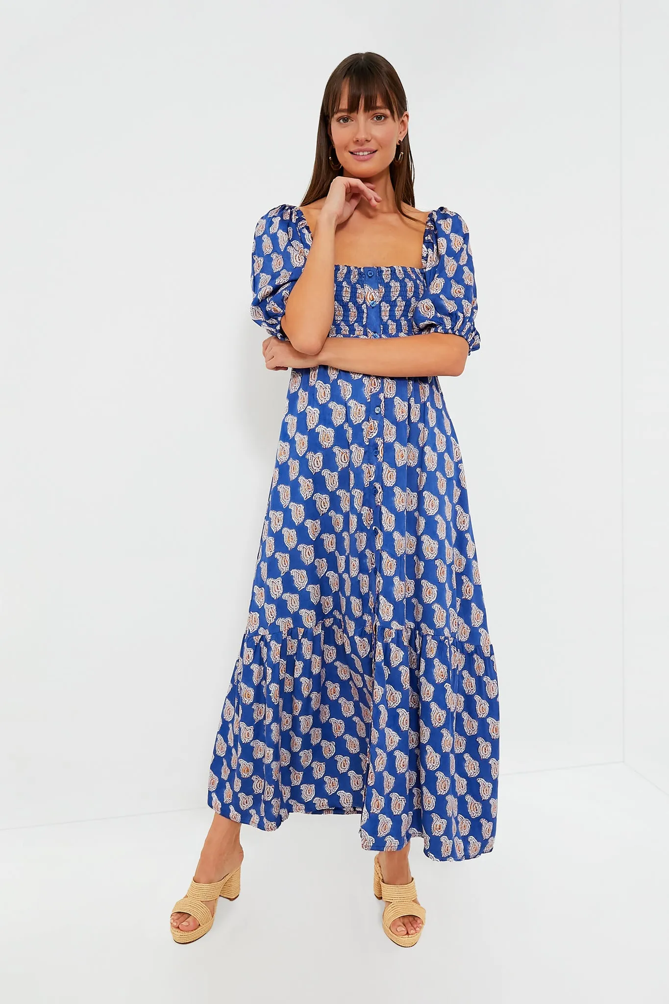 Blue Paisley Flower Satin Santiago Maxi Dress