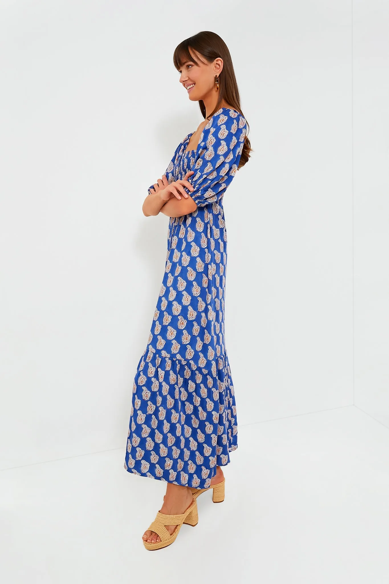 Blue Paisley Flower Satin Santiago Maxi Dress