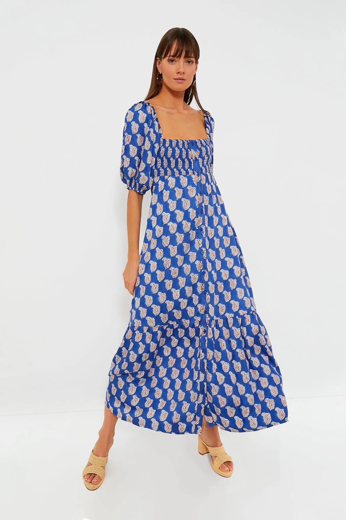 Blue Paisley Flower Satin Santiago Maxi Dress