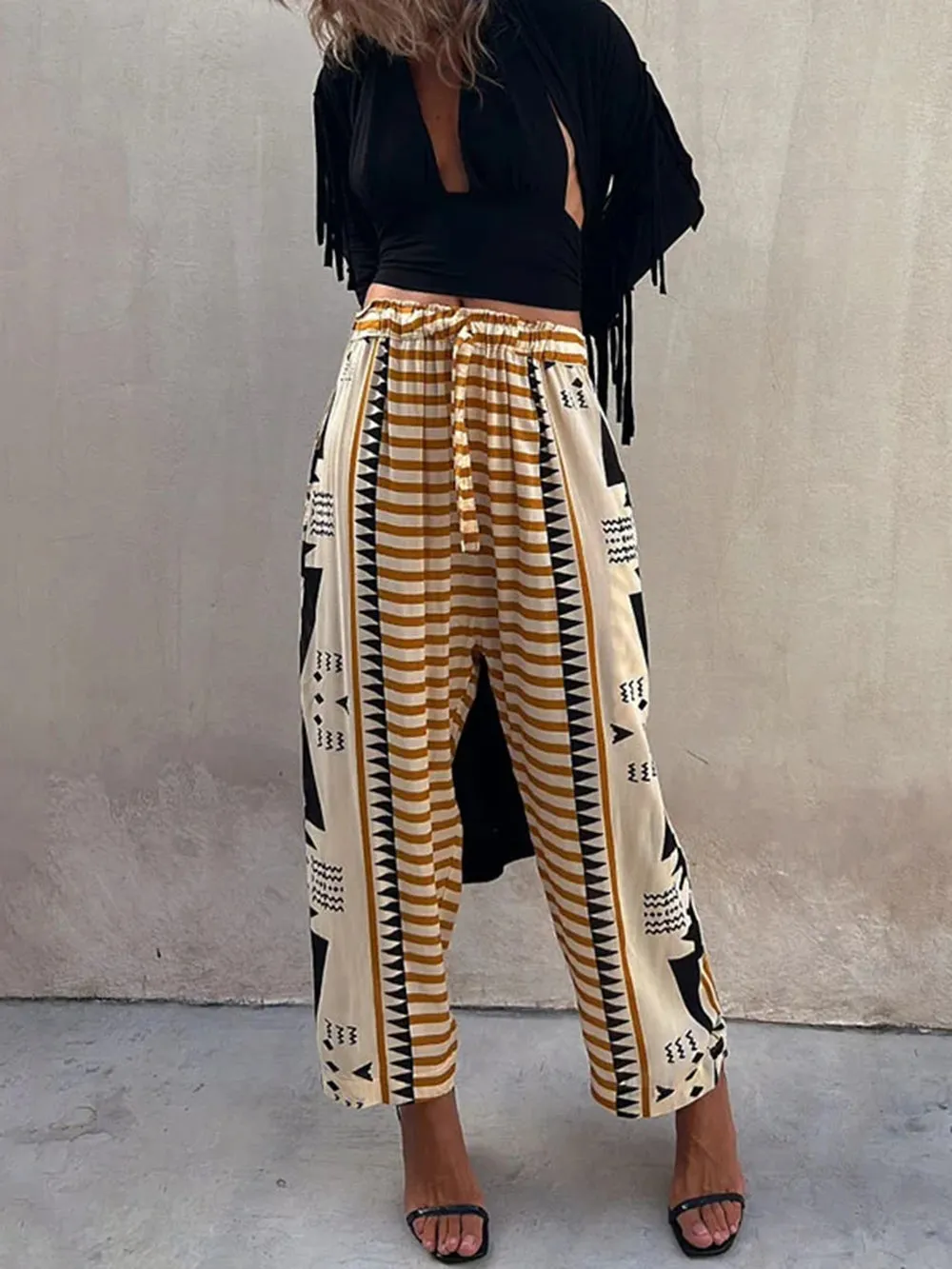 Boho Printed Harem Pants Mid-Rise Casual Pants