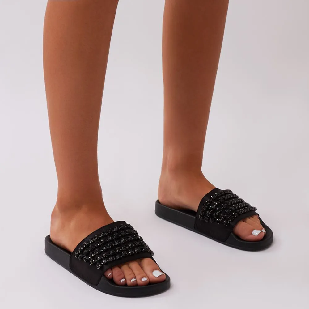 Bounce Black Diamante Sliders in Black