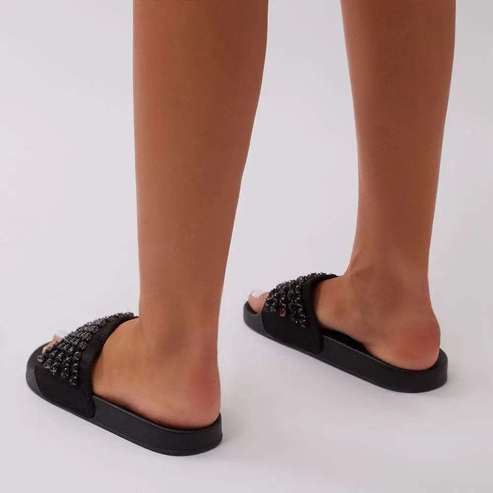 Bounce Black Diamante Sliders in Black