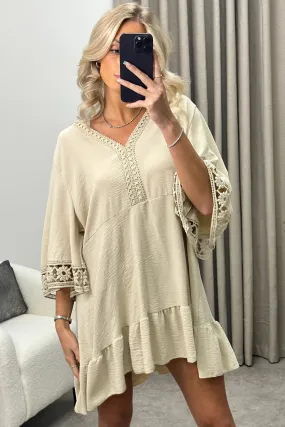 Briella Beige V Neck Crochet Trim Tiered Frill Smock Dress