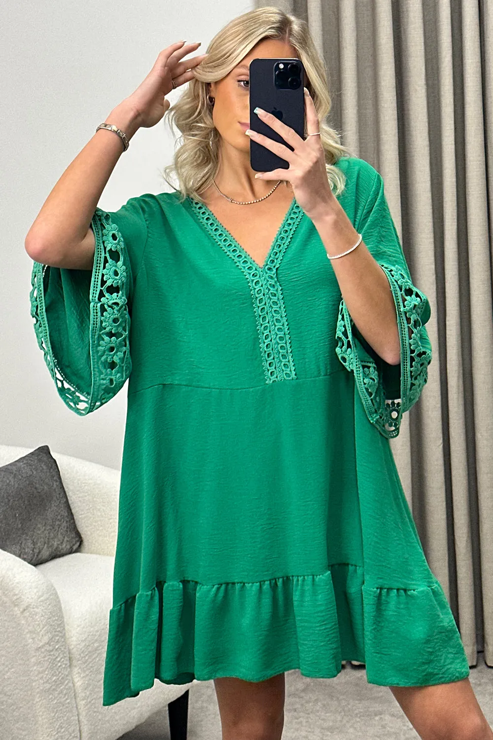 Briella Green V Neck Crochet Trim Tiered Frill Smock Dress