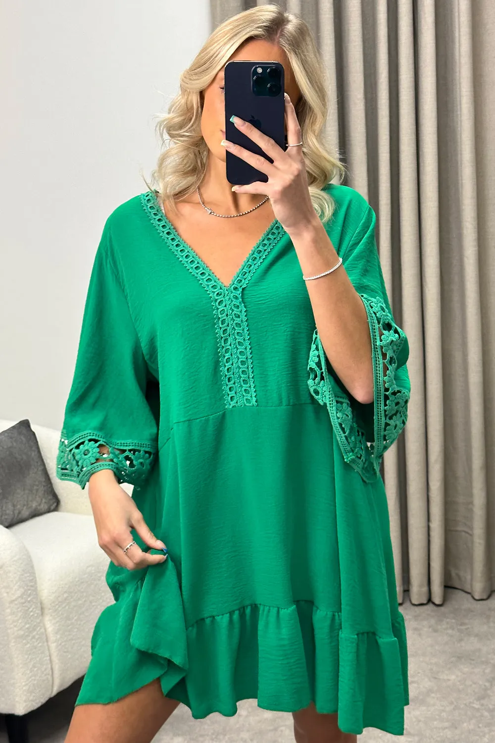 Briella Green V Neck Crochet Trim Tiered Frill Smock Dress