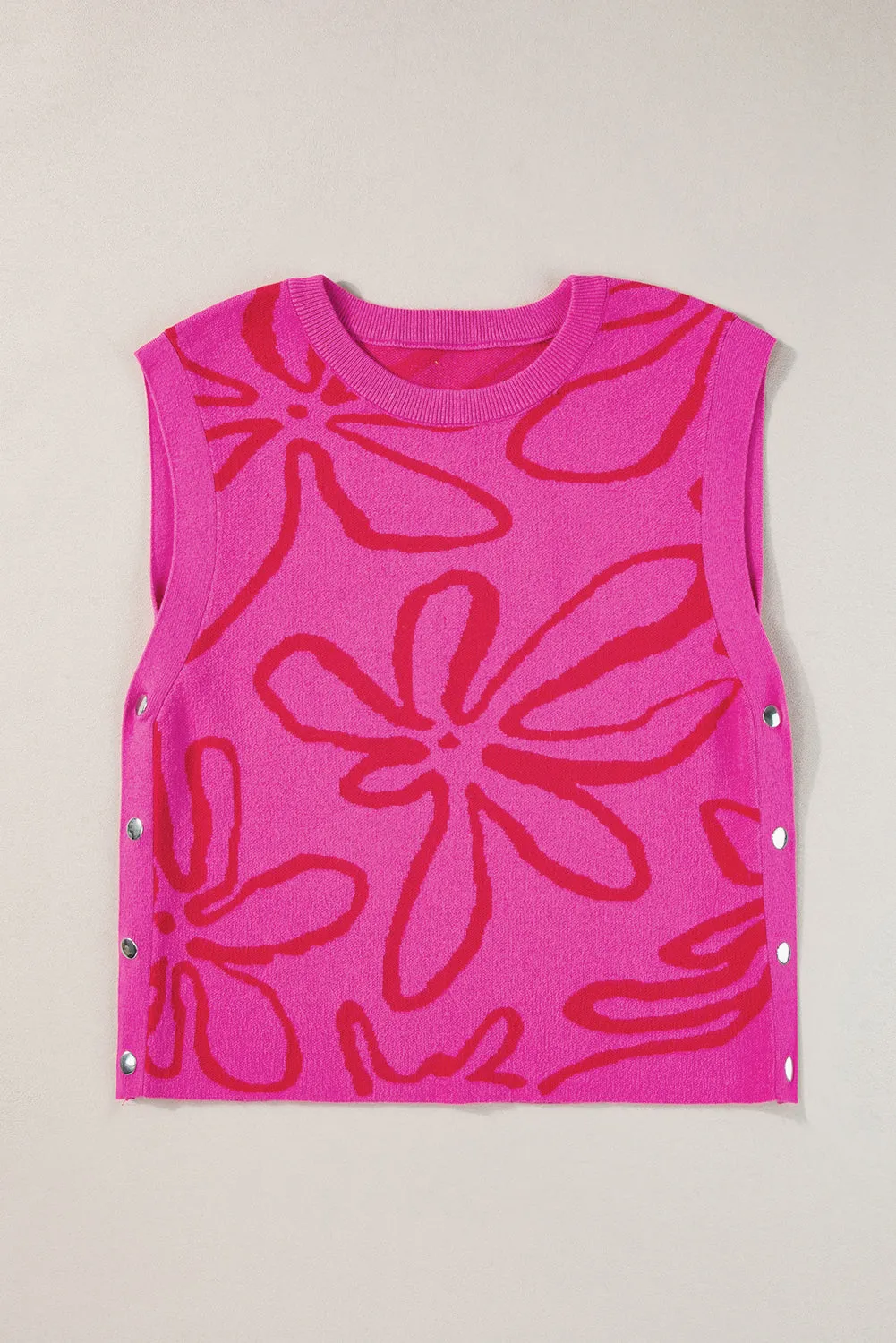 Bright Pink Button Sides Sleeveless Floral Knitted Top