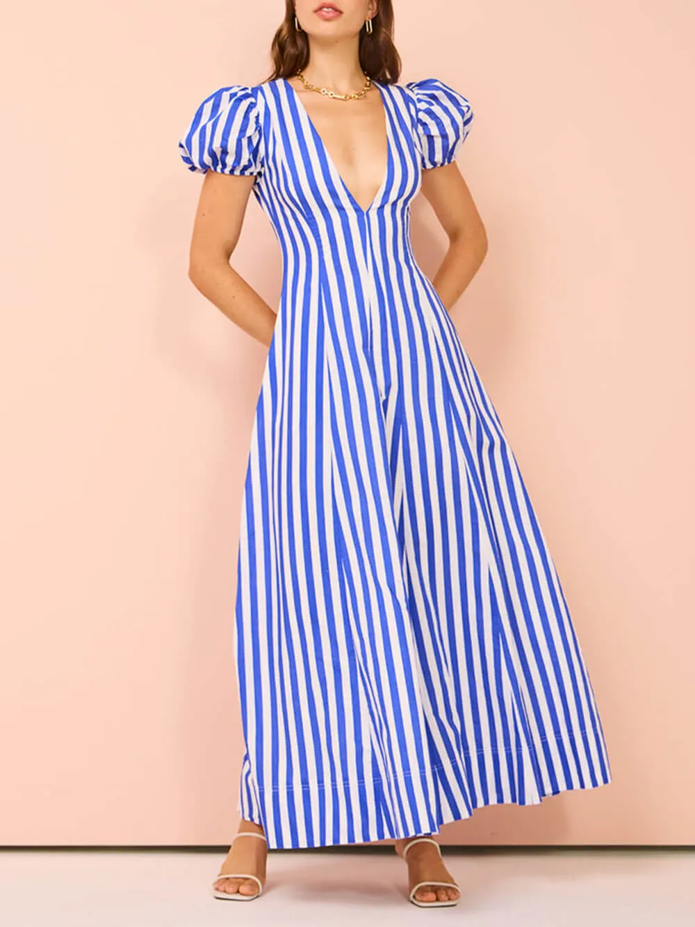 Bubble Sleeve In Charming Stripe Wavy Maxi Dress