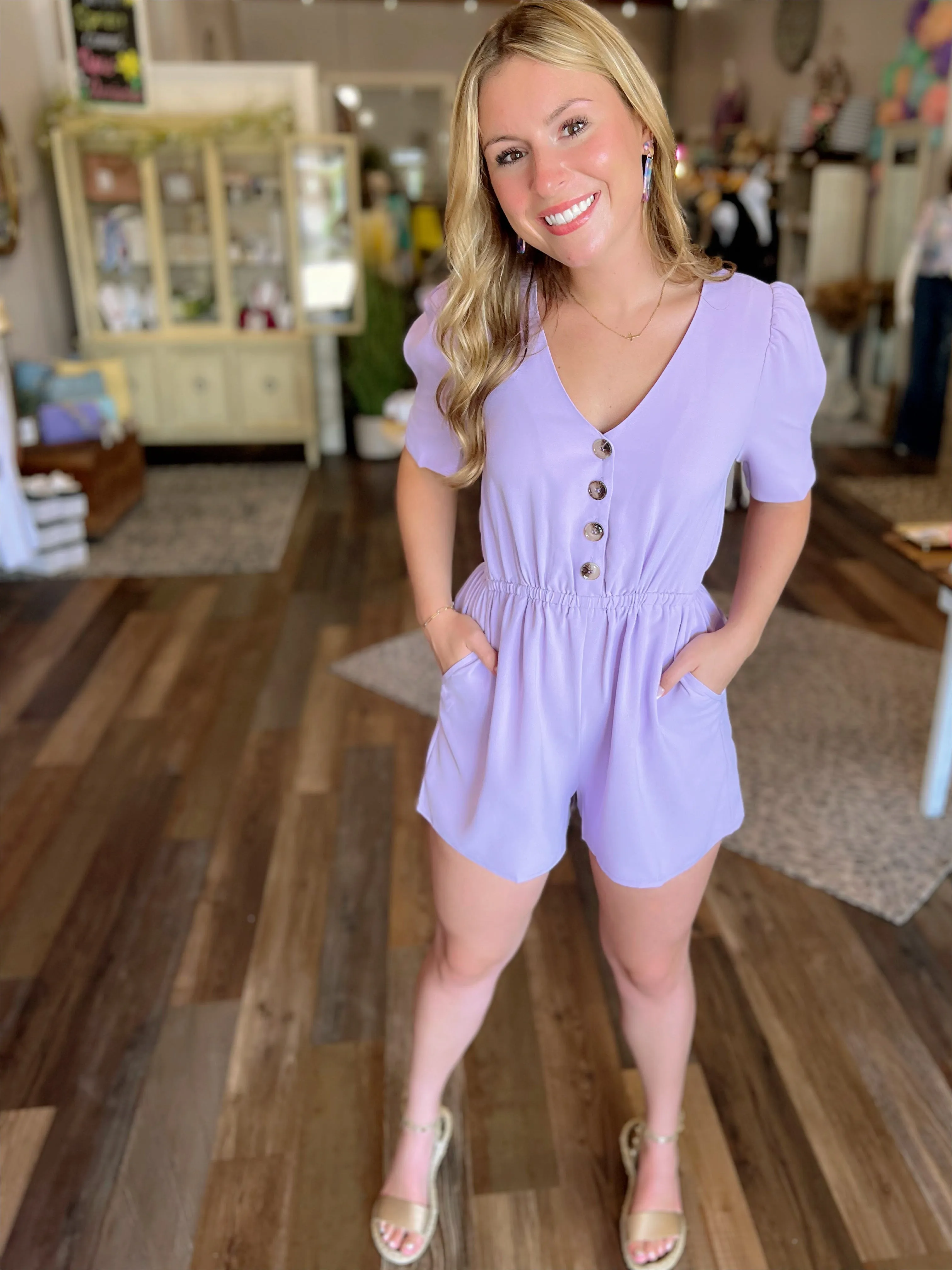 Button Front Romper in Lavender