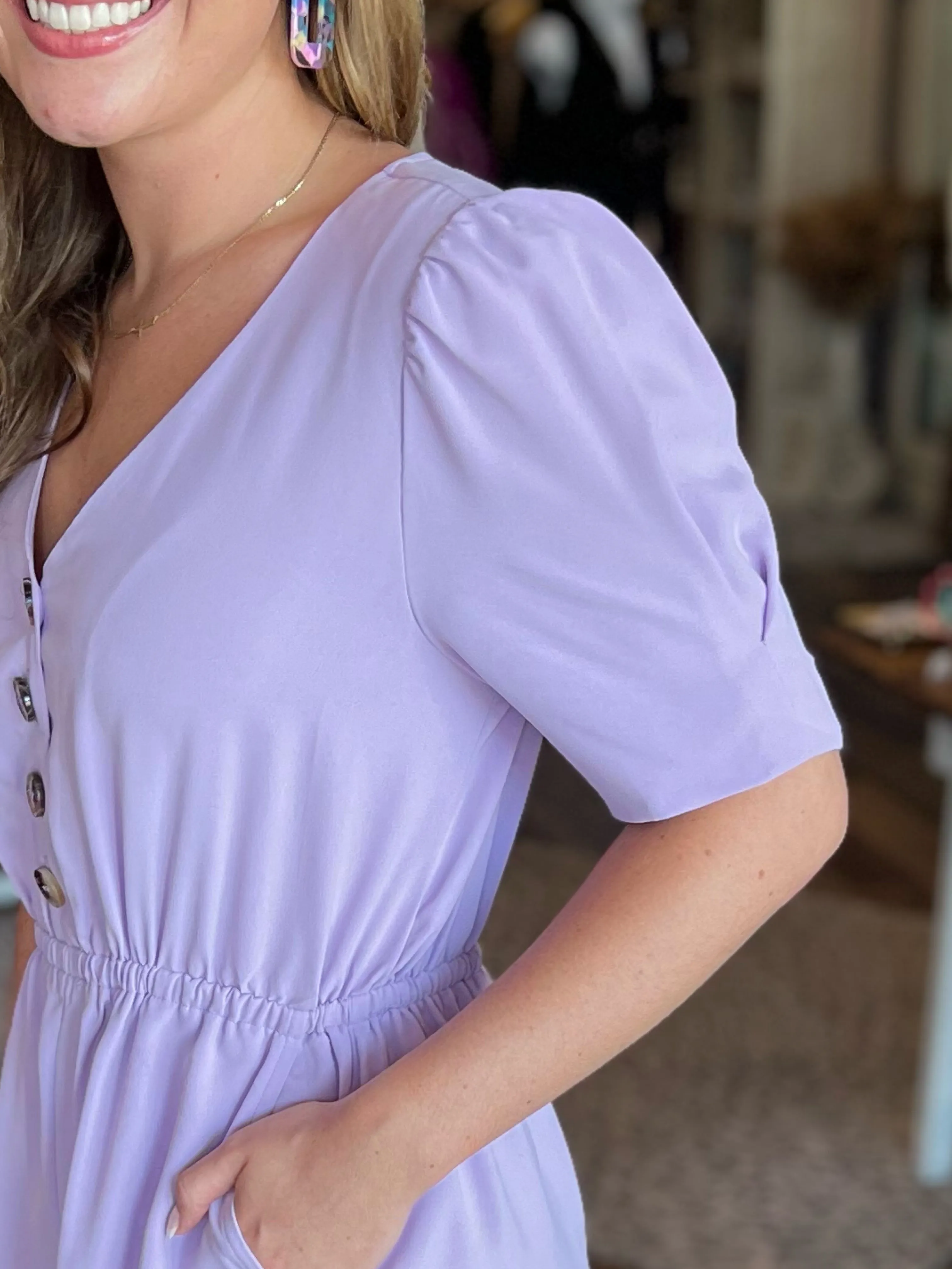 Button Front Romper in Lavender