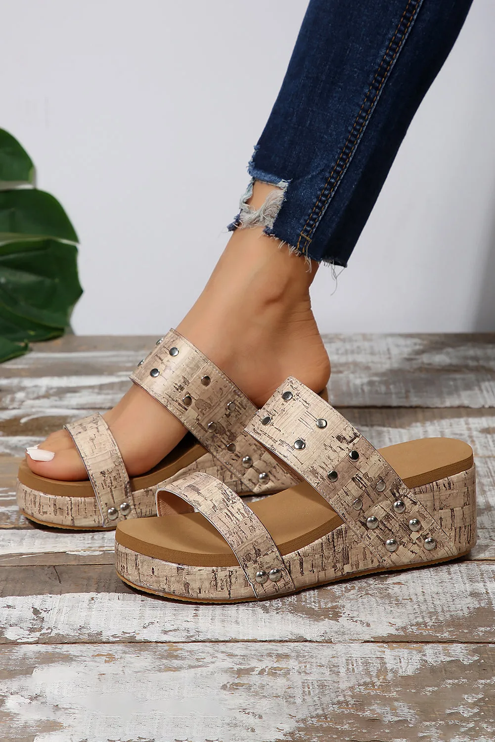 Camel PU Leather Rivet Slip On Wedge Sandals