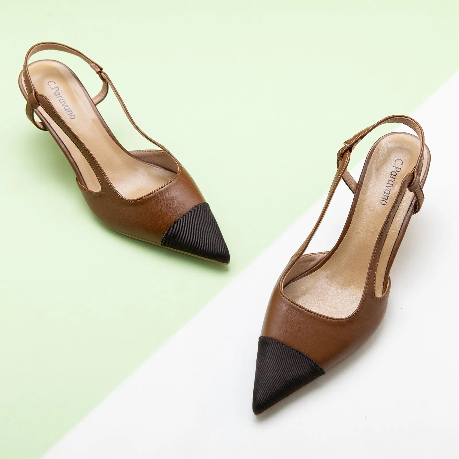 Cap-Toe Slingback Pumps (Helen) Brown