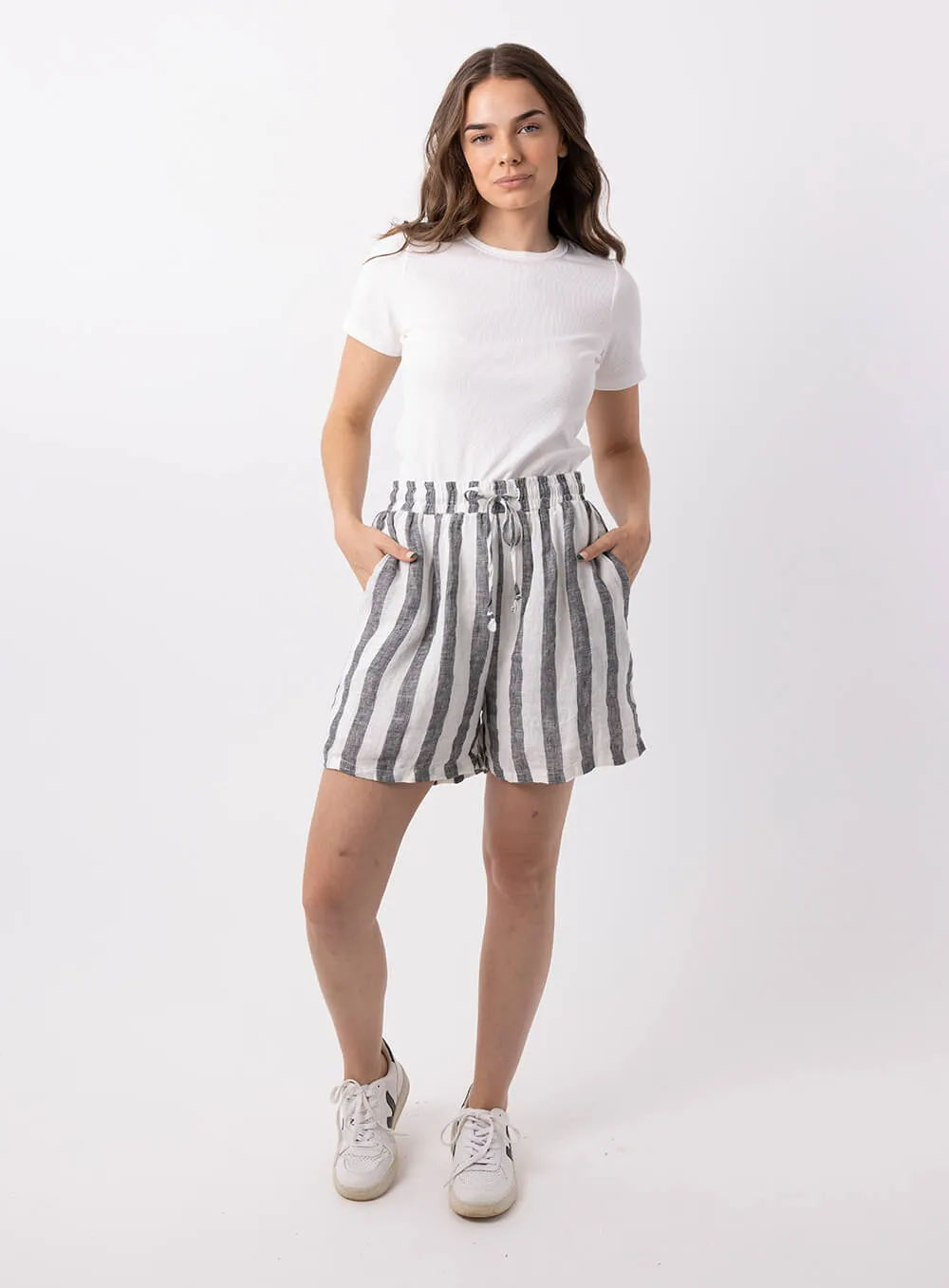 Charlie Stripe Linen Short-Black