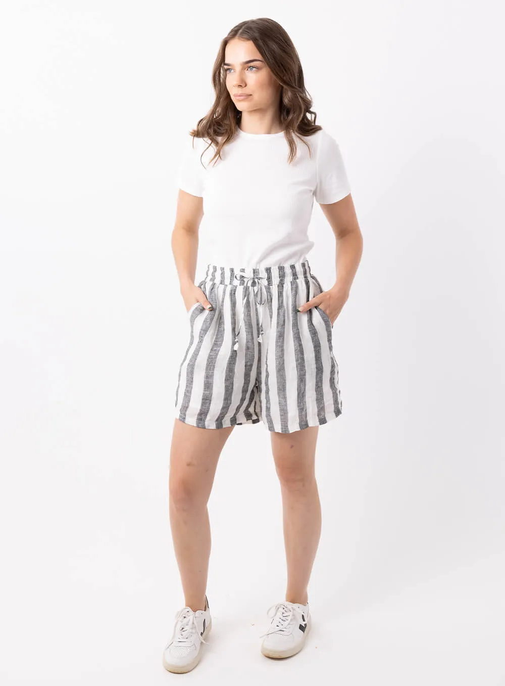 Charlie Stripe Linen Short-Black