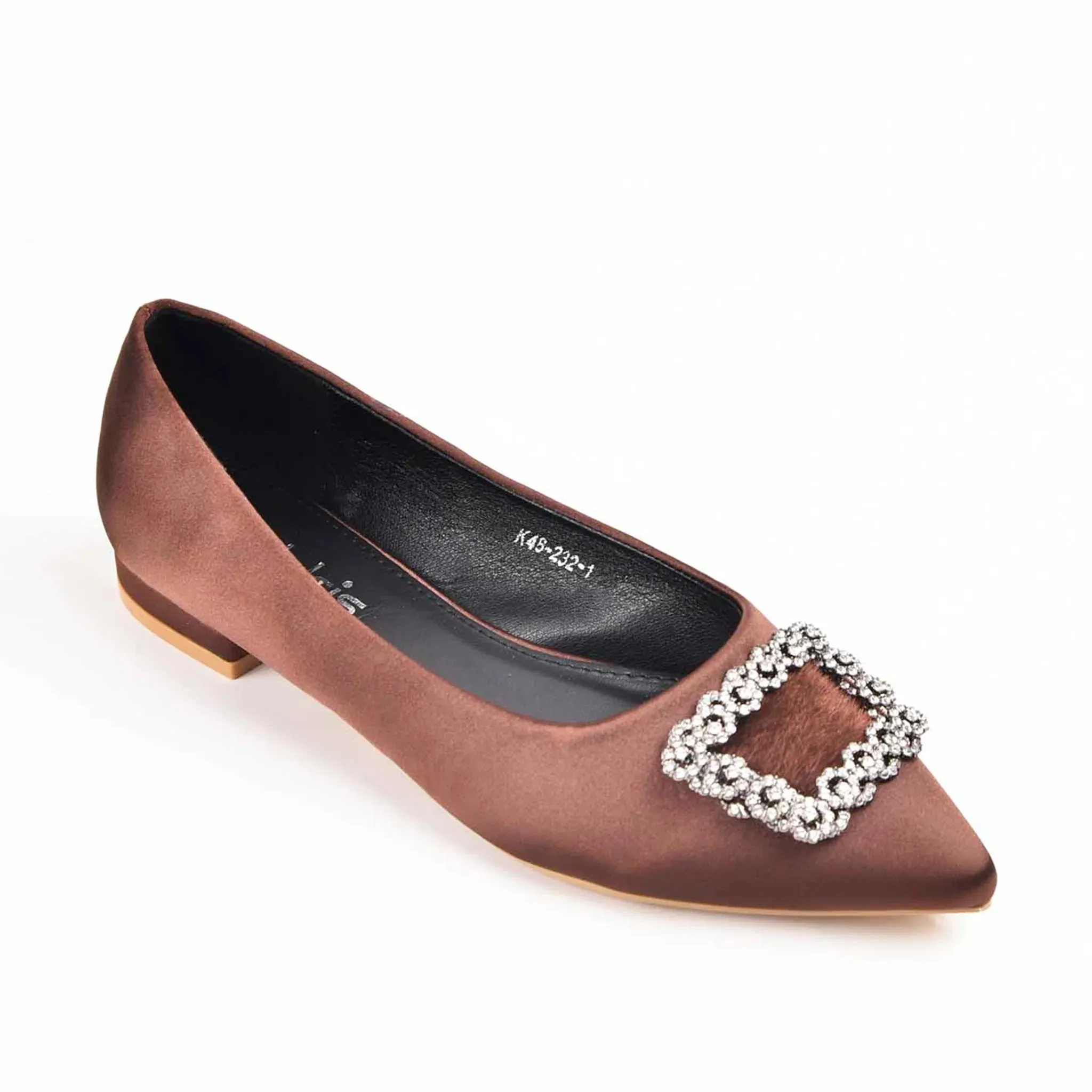 Chic Brown Satin Flats with Crystal Embellishment | 469M-B