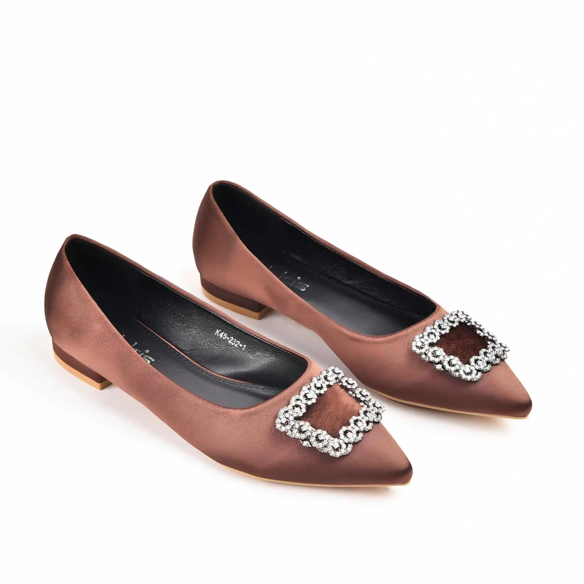 Chic Brown Satin Flats with Crystal Embellishment | 469M-B