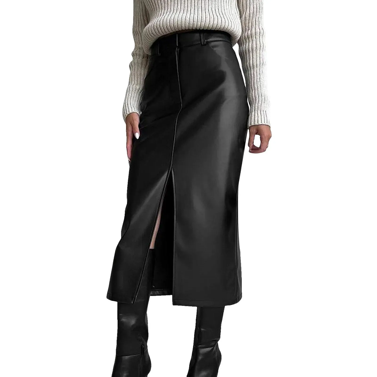 Chic Split Designed Slim Straight Faux Leather Long Skirt