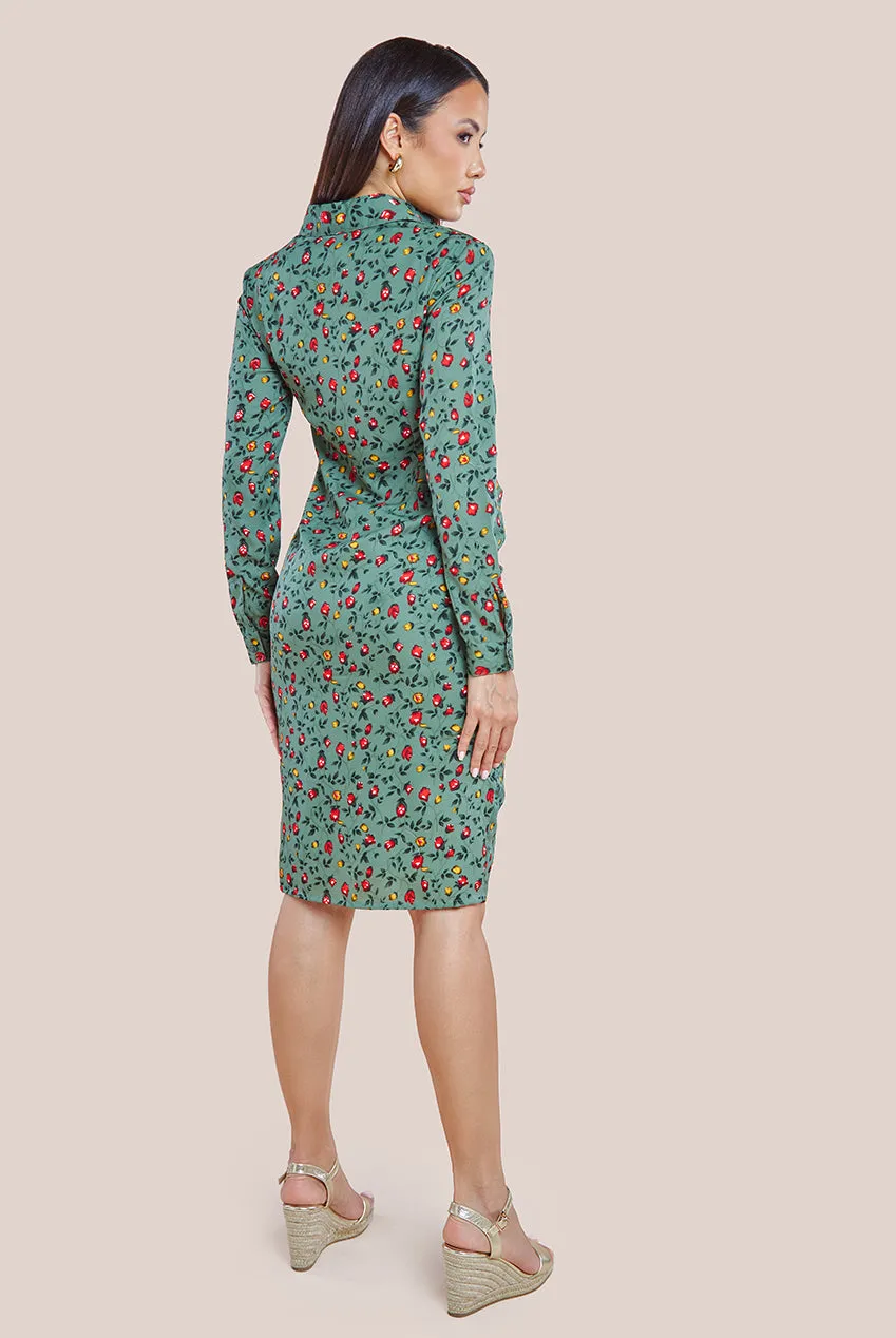 City Goddess Floral Print Shirt Dress - Sage Green