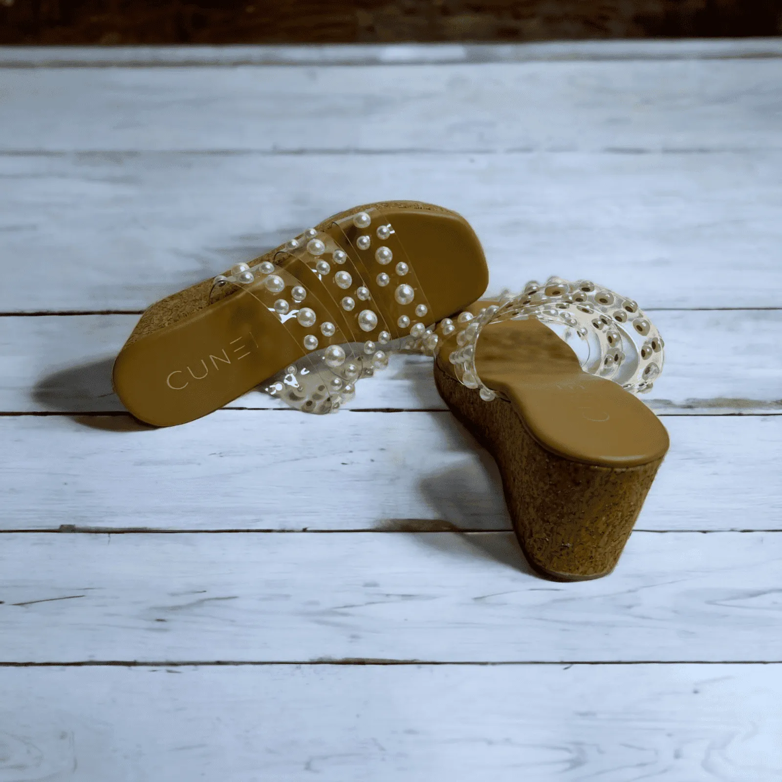 Clear Tan Pearl Wedges