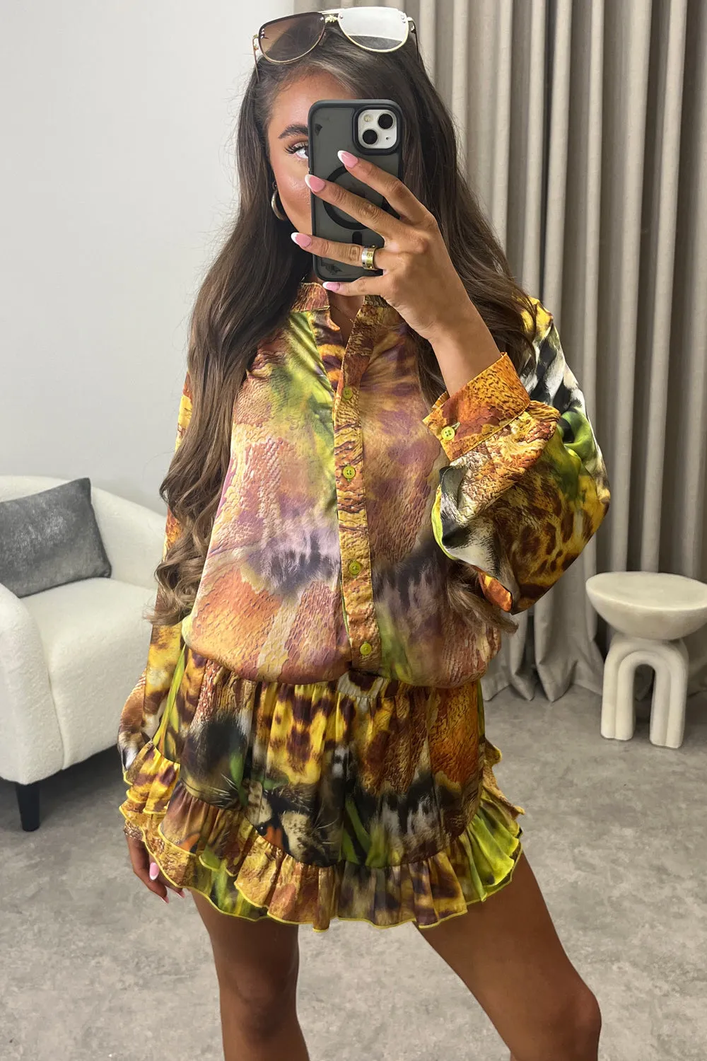 Colbie Brown Multi Jungle Print Shirt and Tiered Frill Skort Co-Ord Set