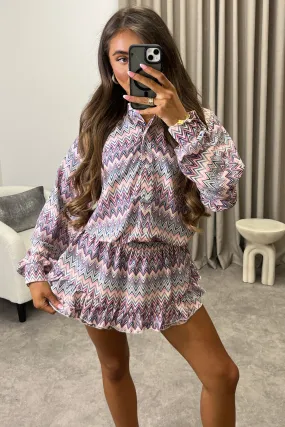 Colbie Purple Multi Zig Zag Print Shirt and Tiered Frill Skort Co-Ord Set