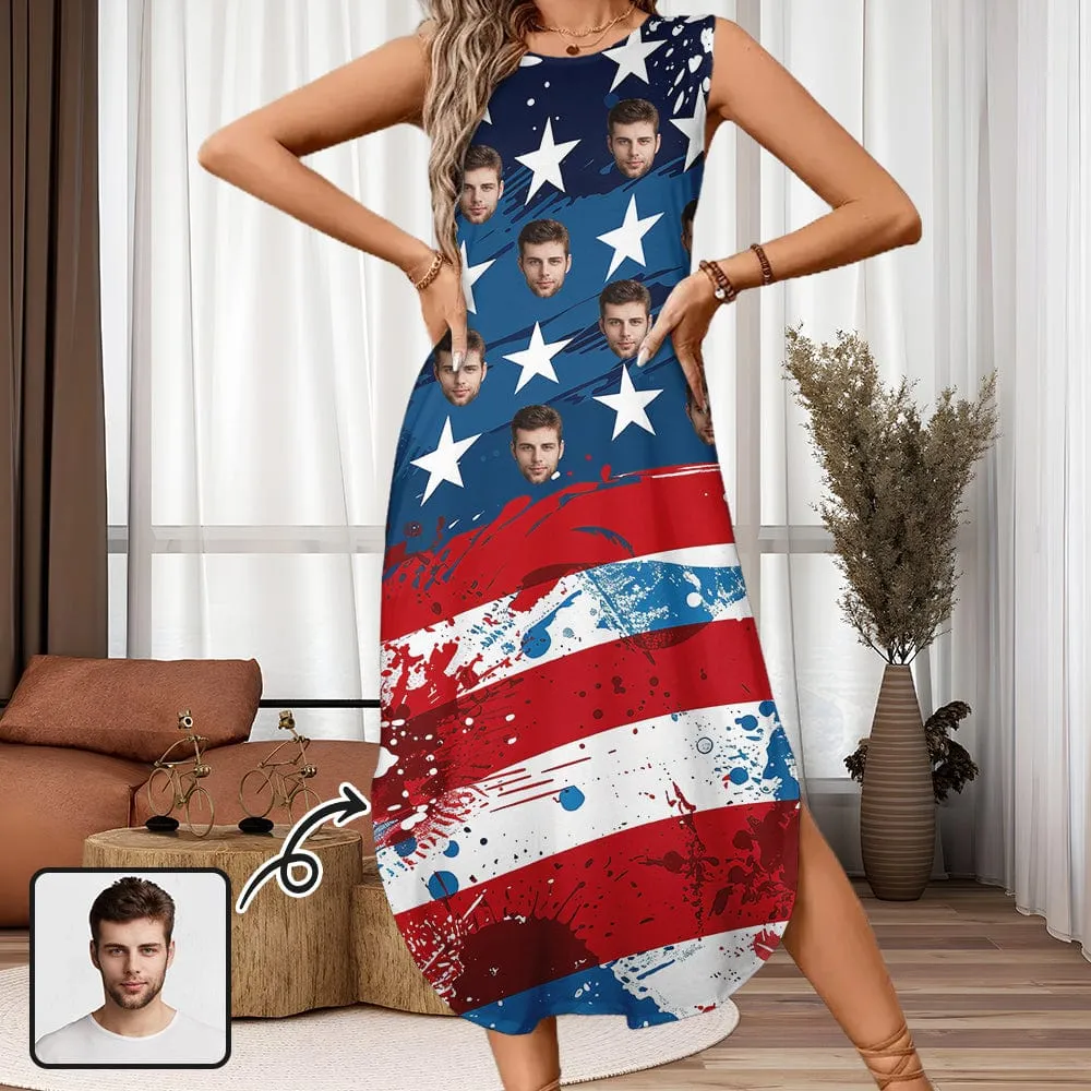 Custom Face American Flag Style Women's Round Neck Sleeveless Sundress Pocket Maxi Dress