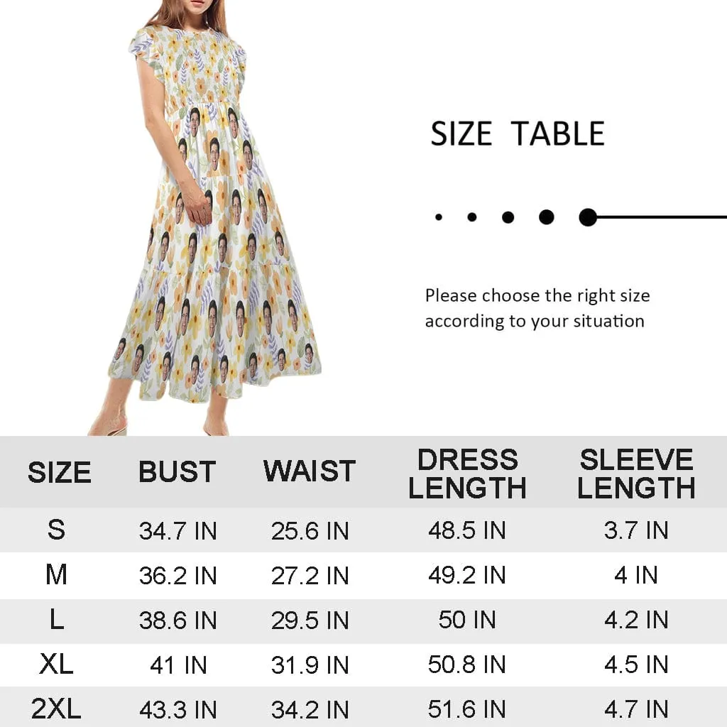 Custom Face Blue Leaves Women's Round Neck Pleated Elastic Waist Tiered Maxi Dress