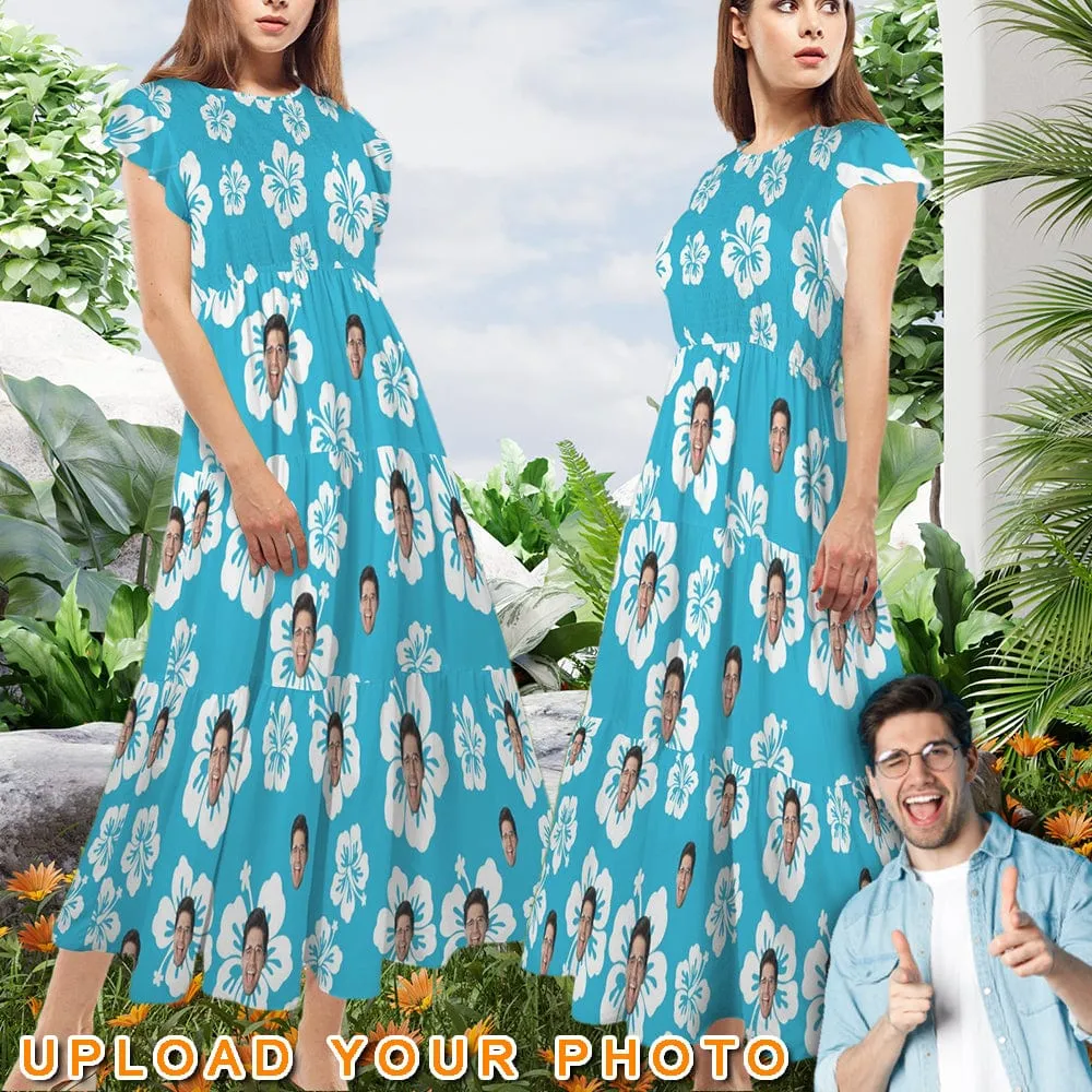 Custom Face Blue White Flowers Women's Round Neck Pleated Elastic Waist Tiered Maxi Dress