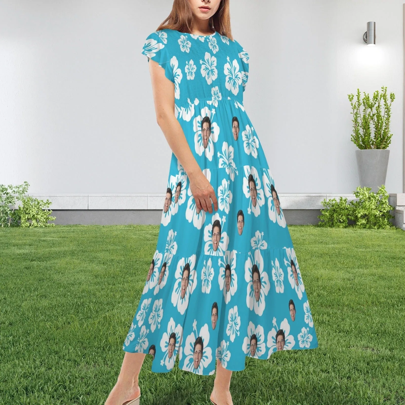 Custom Face Blue White Flowers Women's Round Neck Pleated Elastic Waist Tiered Maxi Dress