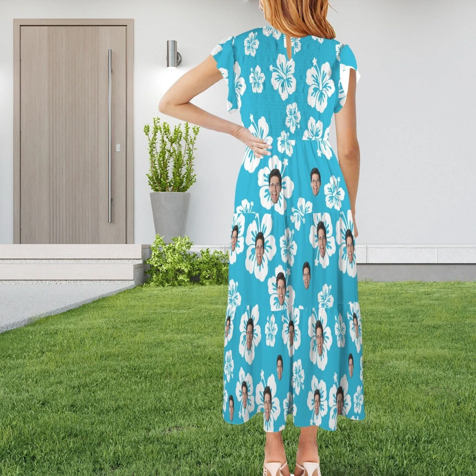 Custom Face Blue White Flowers Women's Round Neck Pleated Elastic Waist Tiered Maxi Dress