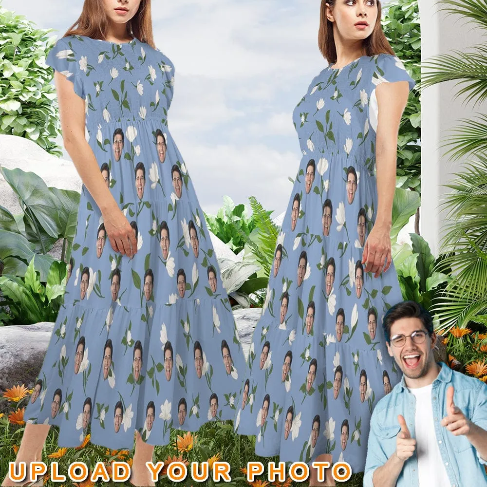 Custom Face Blue Women's Round Neck Pleated Elastic Waist Tiered Maxi Dress