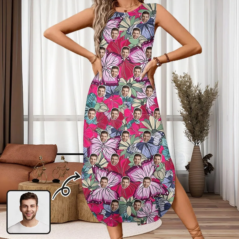 Custom Face Butterfly Flowers Women's Round Neck Sleeveless Sundress Pocket Maxi Dress